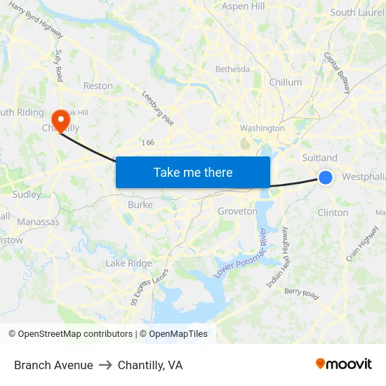 Branch Avenue to Chantilly, VA map