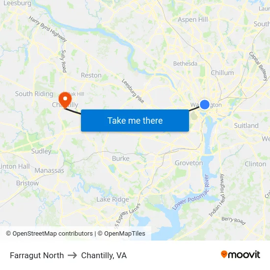 Farragut North to Chantilly, VA map