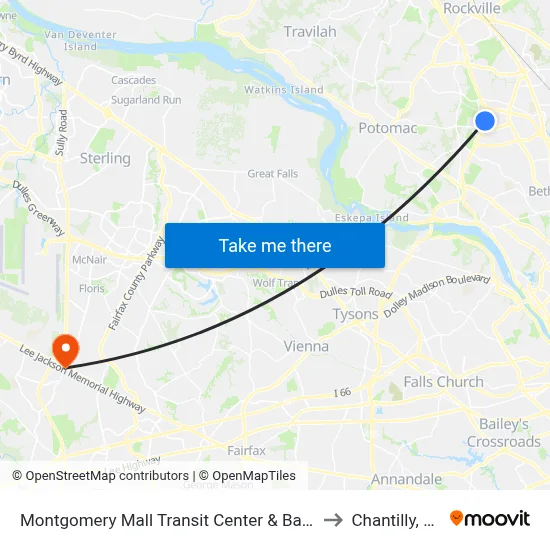 Montgomery Mall Transit Center & Bay B to Chantilly, VA map