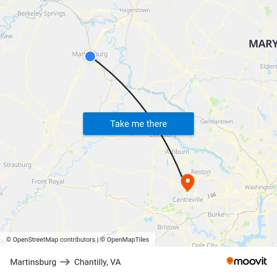 Martinsburg to Chantilly, VA map