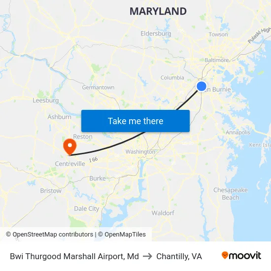 Bwi Thurgood Marshall  Airport, Md to Chantilly, VA map