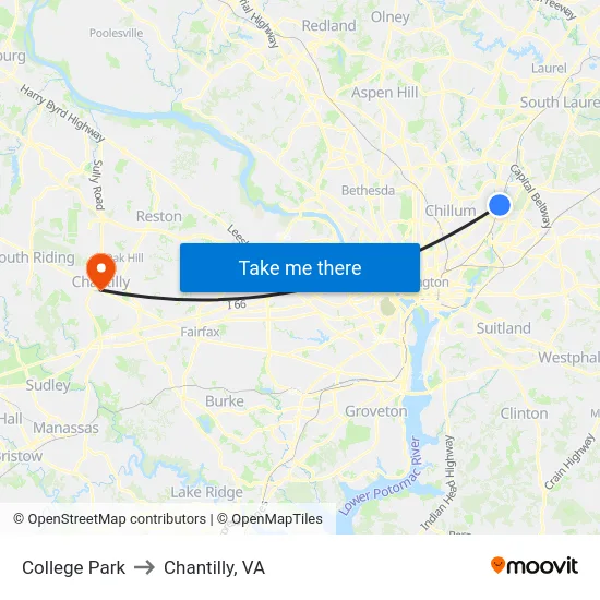 College Park to Chantilly, VA map