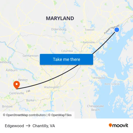 Edgewood to Chantilly, VA map