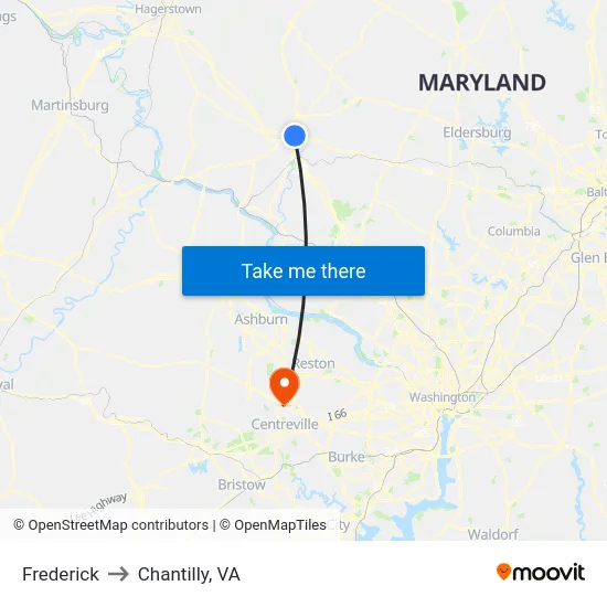 Frederick to Chantilly, VA map