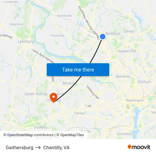 Gaithersburg to Chantilly, VA map