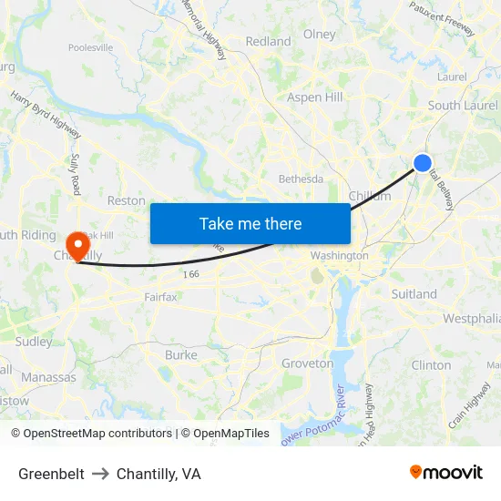 Greenbelt to Chantilly, VA map