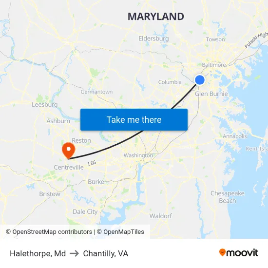 Halethorpe, Md to Chantilly, VA map