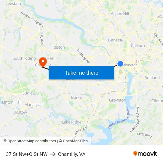 37 St Nw+O St NW to Chantilly, VA map
