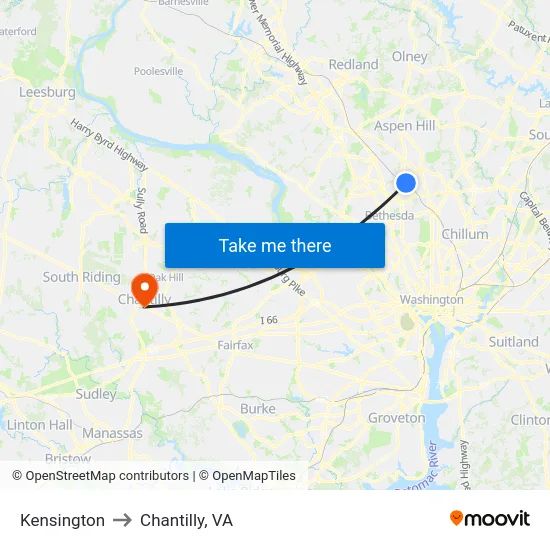 Kensington to Chantilly, VA map
