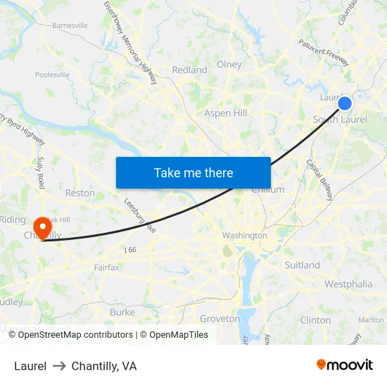 Laurel to Chantilly, VA map