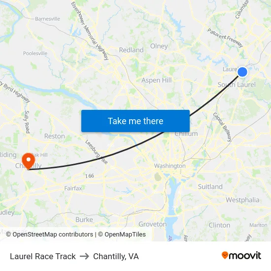 Laurel Race Track to Chantilly, VA map