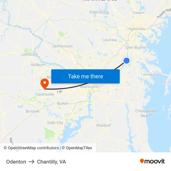 Odenton to Chantilly, VA map
