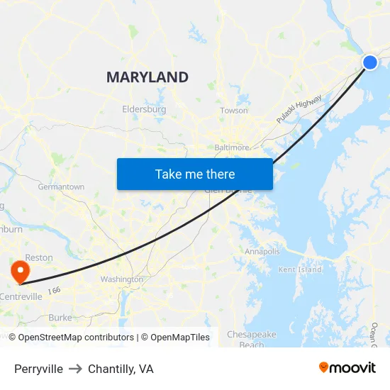 Perryville to Chantilly, VA map