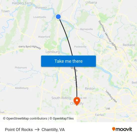 Point Of Rocks to Chantilly, VA map
