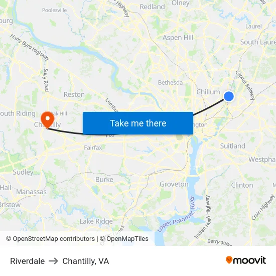 Riverdale to Chantilly, VA map
