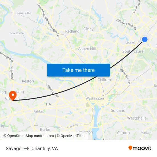 Savage to Chantilly, VA map