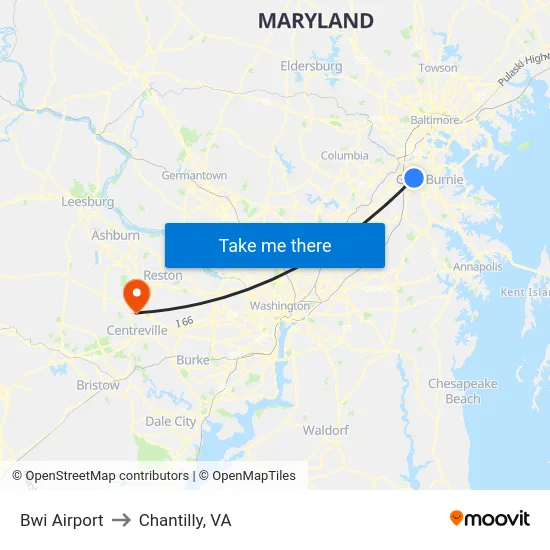 Bwi Airport to Chantilly, VA map