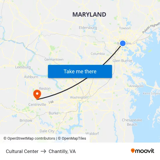Cultural Center to Chantilly, VA map