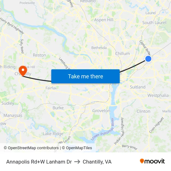 Annapolis Rd+W Lanham Dr to Chantilly, VA map