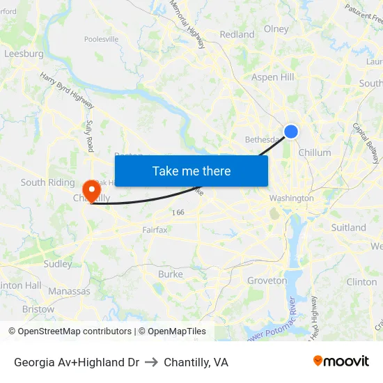 Georgia Av+Highland Dr to Chantilly, VA map