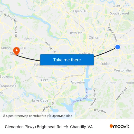 Glenarden Pkwy+Brightseat Rd to Chantilly, VA map