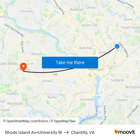 Rhode Island Av+University Bl to Chantilly, VA map
