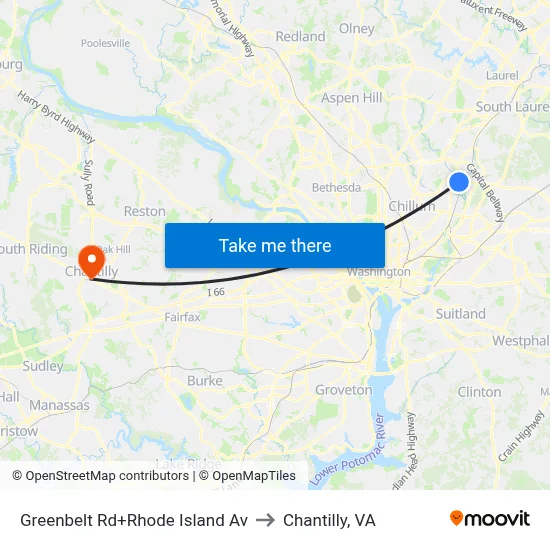Greenbelt Rd+Rhode Island Av to Chantilly, VA map