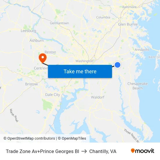 Trade Zone Av+Prince Georges Bl to Chantilly, VA map