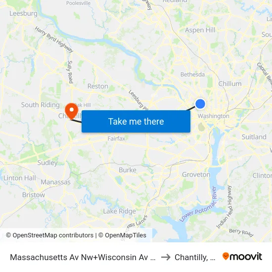 Massachusetts Av Nw+Wisconsin Av NW to Chantilly, VA map