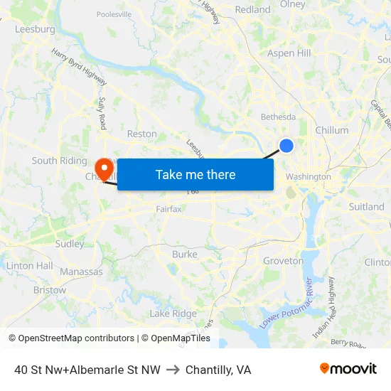 40 St Nw+Albemarle St NW to Chantilly, VA map