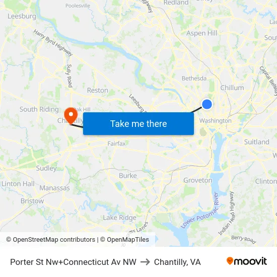 Porter St Nw+Connecticut Av NW to Chantilly, VA map