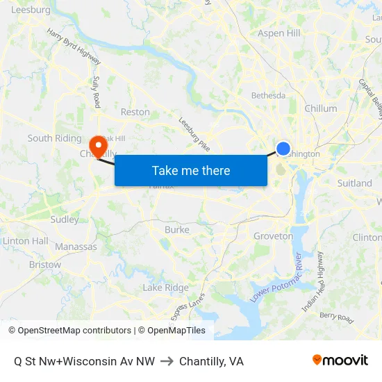 Q St Nw+Wisconsin Av NW to Chantilly, VA map