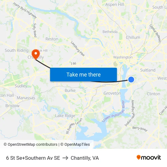 6 St Se+Southern Av SE to Chantilly, VA map