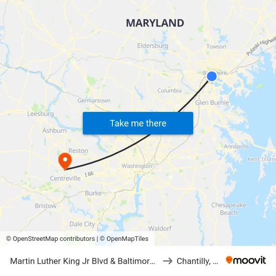 Martin Luther King Jr Blvd & Baltimore St to Chantilly, VA map