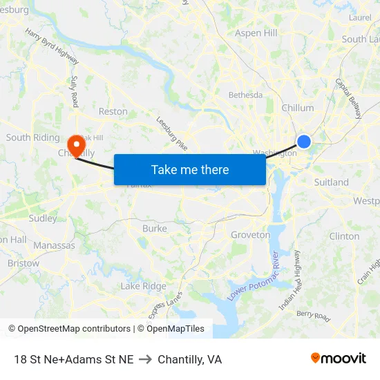 18 St Ne+Adams St NE to Chantilly, VA map