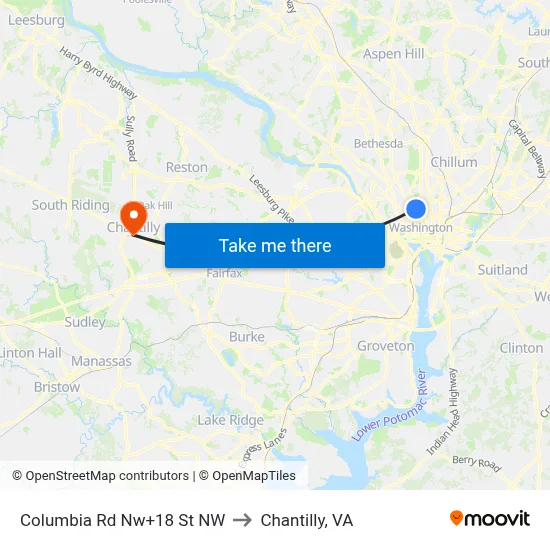 Columbia Rd Nw+18 St NW to Chantilly, VA map