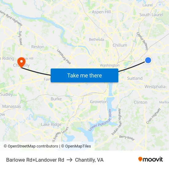 Barlowe Rd+Landover Rd to Chantilly, VA map
