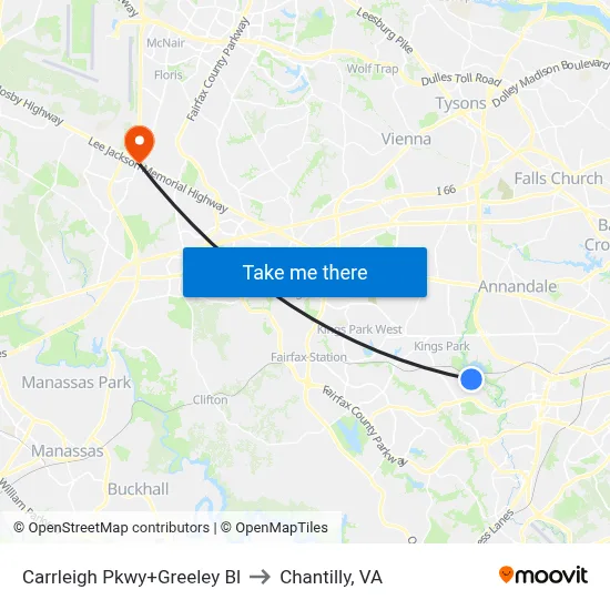 Carrleigh Pkwy+Greeley Bl to Chantilly, VA map