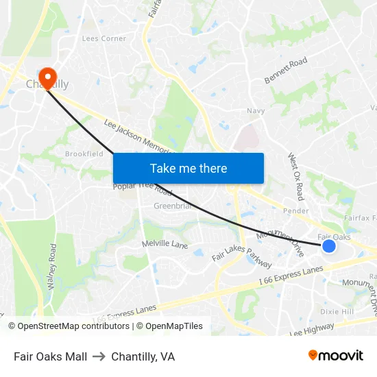 Fair Oaks Mall to Chantilly, VA map