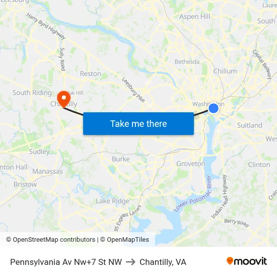 Pennsylvania Av Nw+7 St NW to Chantilly, VA map