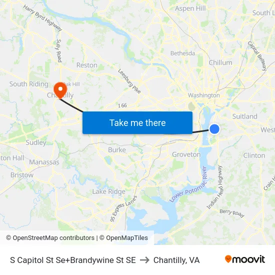 S Capitol St Se+Brandywine St SE to Chantilly, VA map