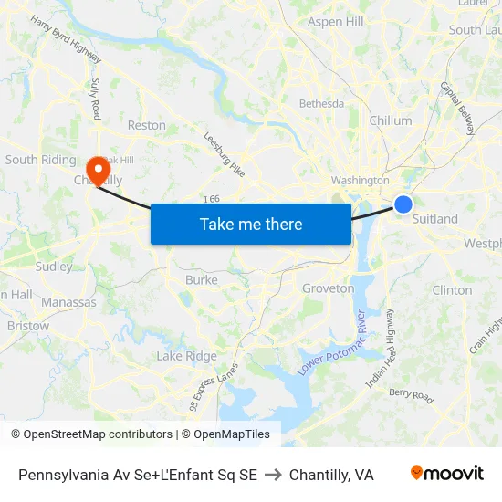 Pennsylvania Av Se+L'Enfant Sq SE to Chantilly, VA map