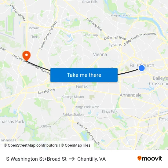 S Washington St+Broad St to Chantilly, VA map