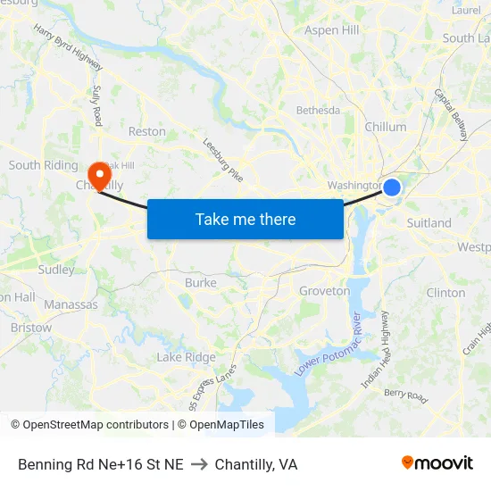 Benning Rd Ne+16 St NE to Chantilly, VA map