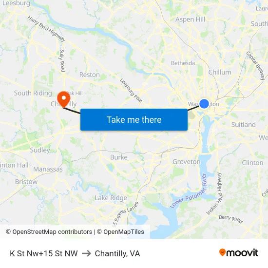 K St Nw+15 St NW to Chantilly, VA map