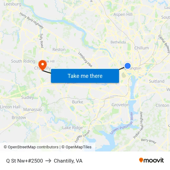 Q St Nw+#2500 to Chantilly, VA map