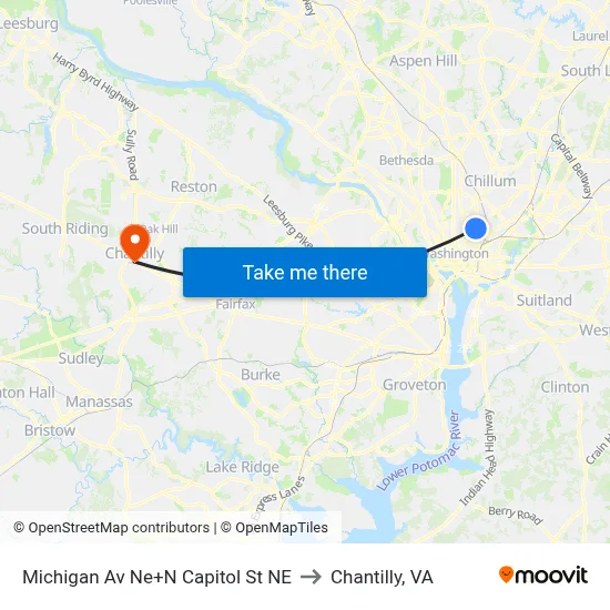 Michigan Av Ne+N Capitol St NE to Chantilly, VA map