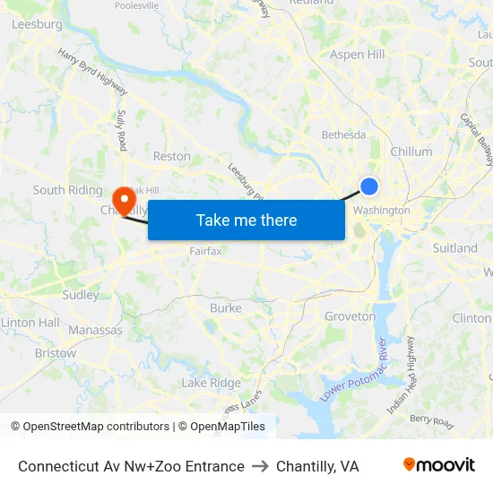 Connecticut Av Nw+Zoo Entrance to Chantilly, VA map