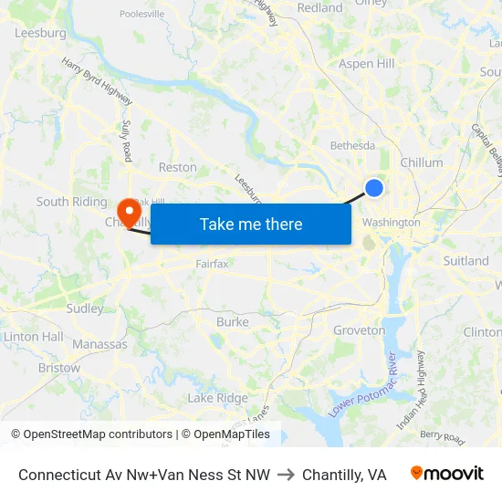 Connecticut Av Nw+Van Ness St NW to Chantilly, VA map