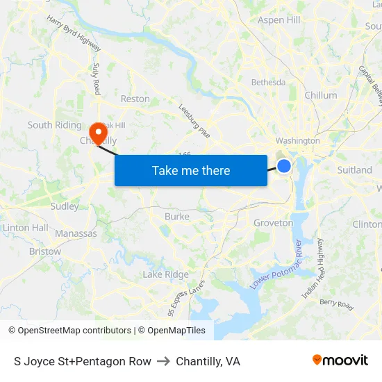 S Joyce St+Pentagon Row to Chantilly, VA map